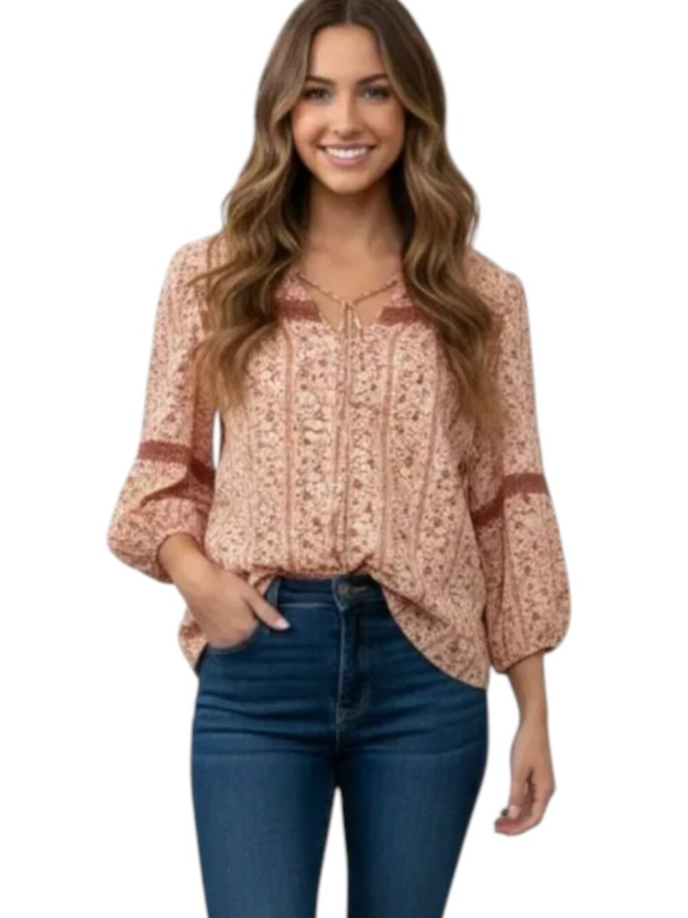 Como Blu Rust Paisley Crochet Lace Accent Peasant Blouse Women's Size M